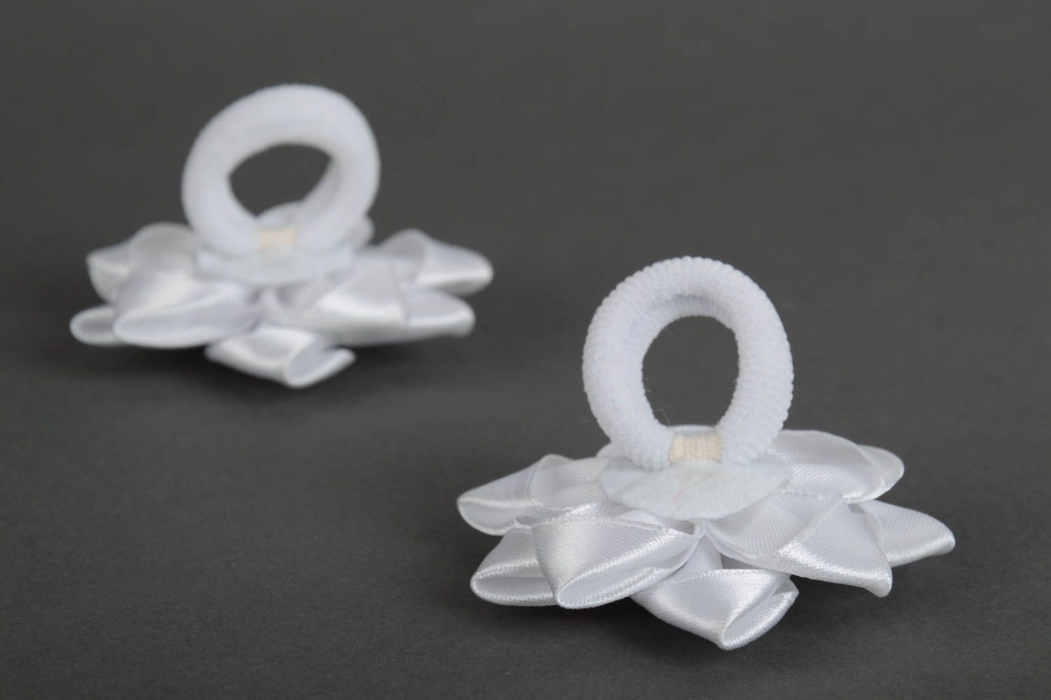 Set of 2 designer festive hair ties with handmade white ribbon kanzashi flowers photo 2