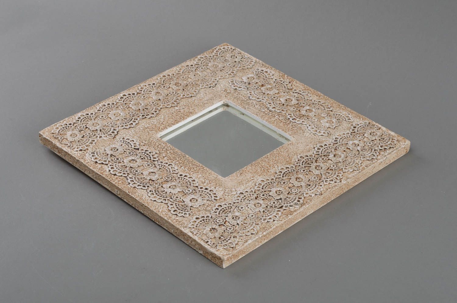 Beautiful handmade interior wall mirror in wooden frame square Sicilian lace photo 1