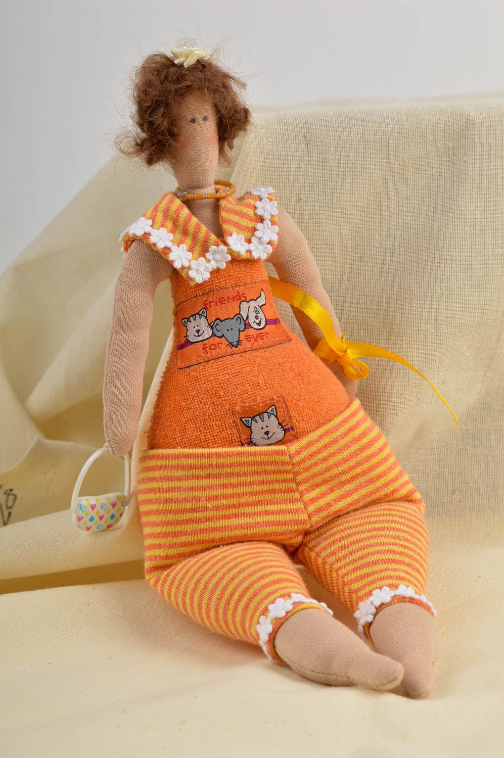 Кукла ручной работы морячка кукла из ткани стильная мягкая кукла оранжевая фото 1