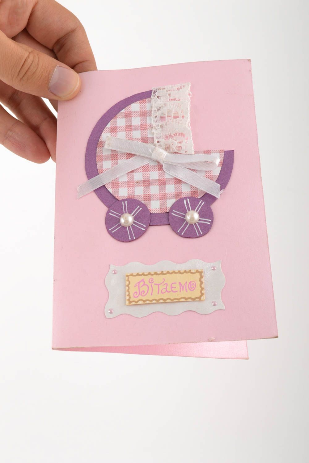 Carte de voeux naissance faite main rose avec poussette Petit cadeau original photo 5