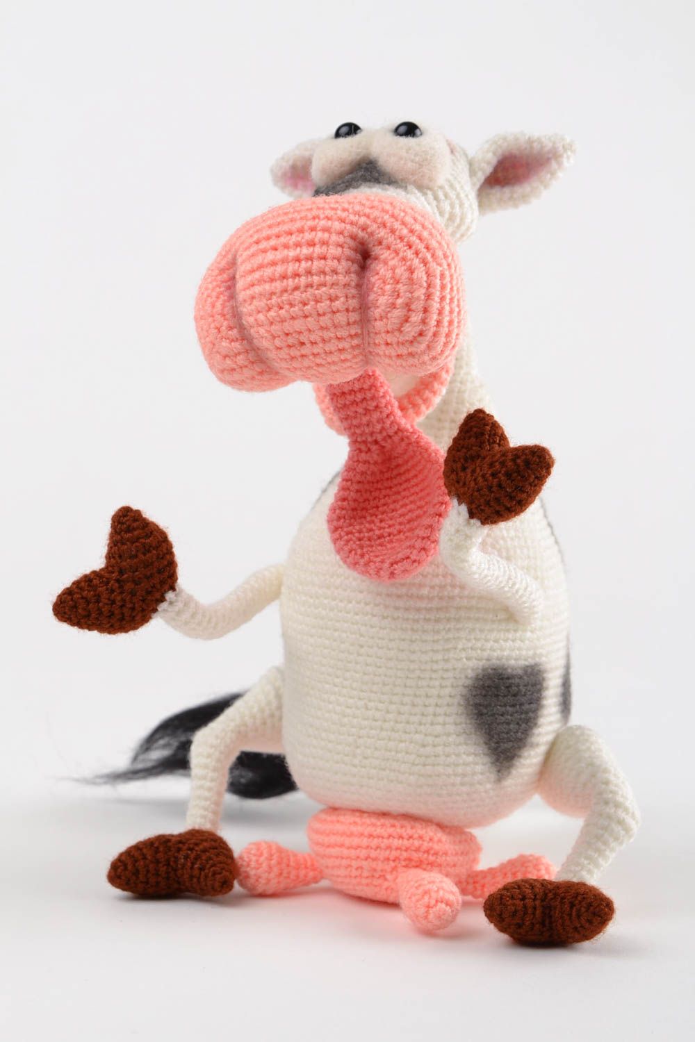 Handmade designer funny soft toy crocheted of acrylic threads funny cow photo 1