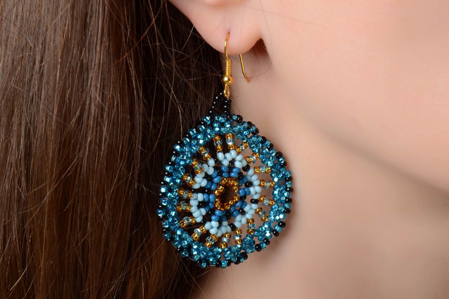 Beautiful handmade designer round blue beaded earrings with hook type ear wires photo 1