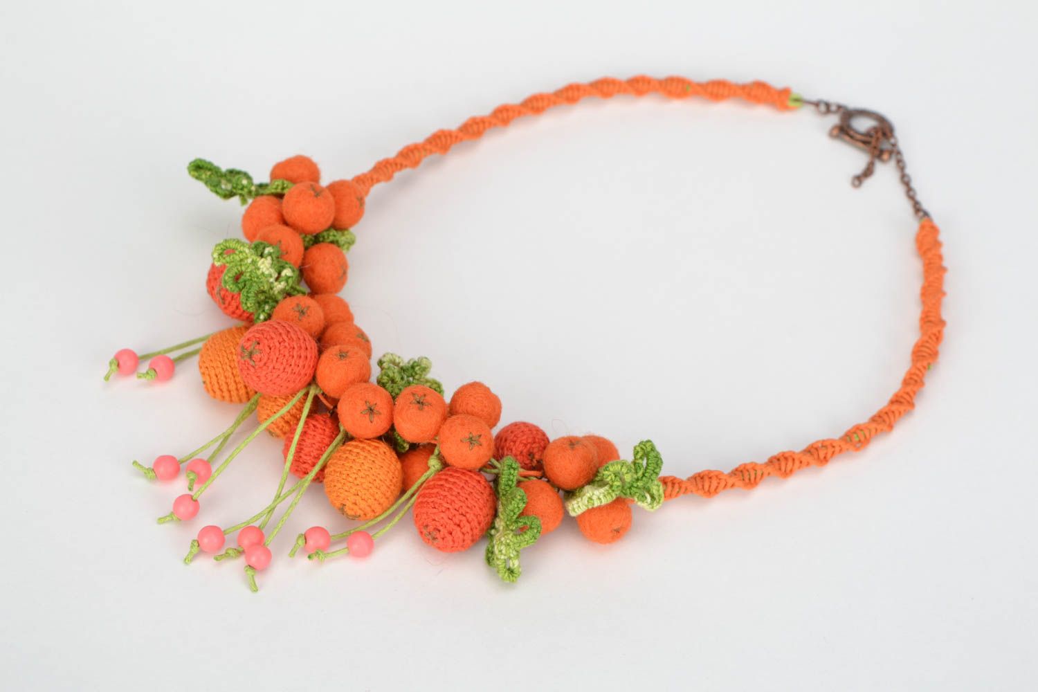 Handmade bead necklace crocheted over with cotton threads in the shape of mountain ash berries photo 2