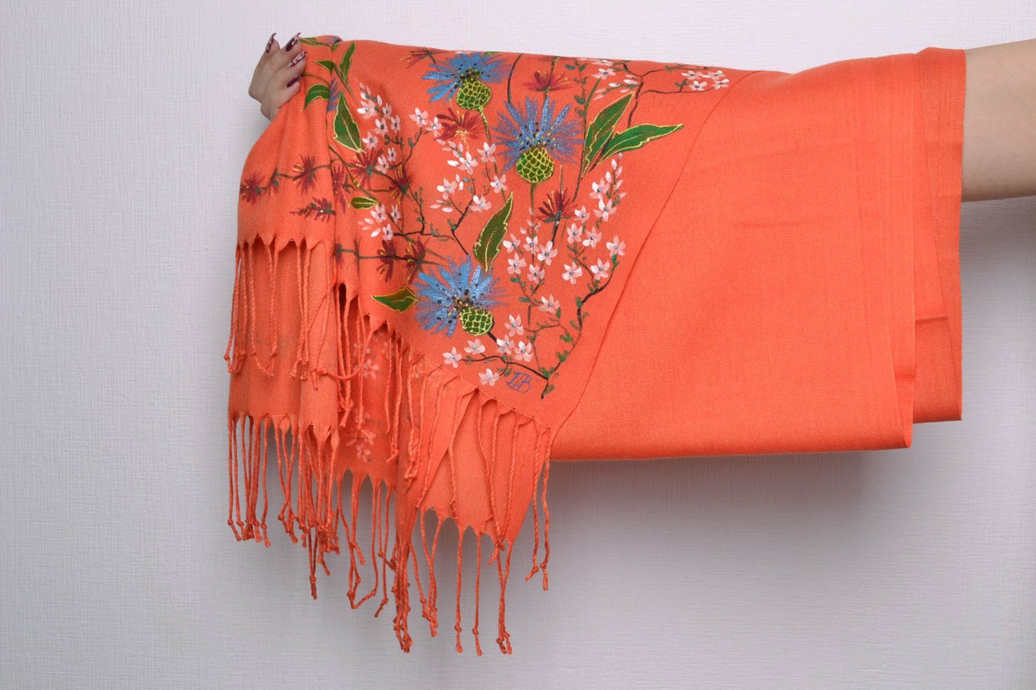 Bright cashmere scarf with flowers handmade painting photo 5