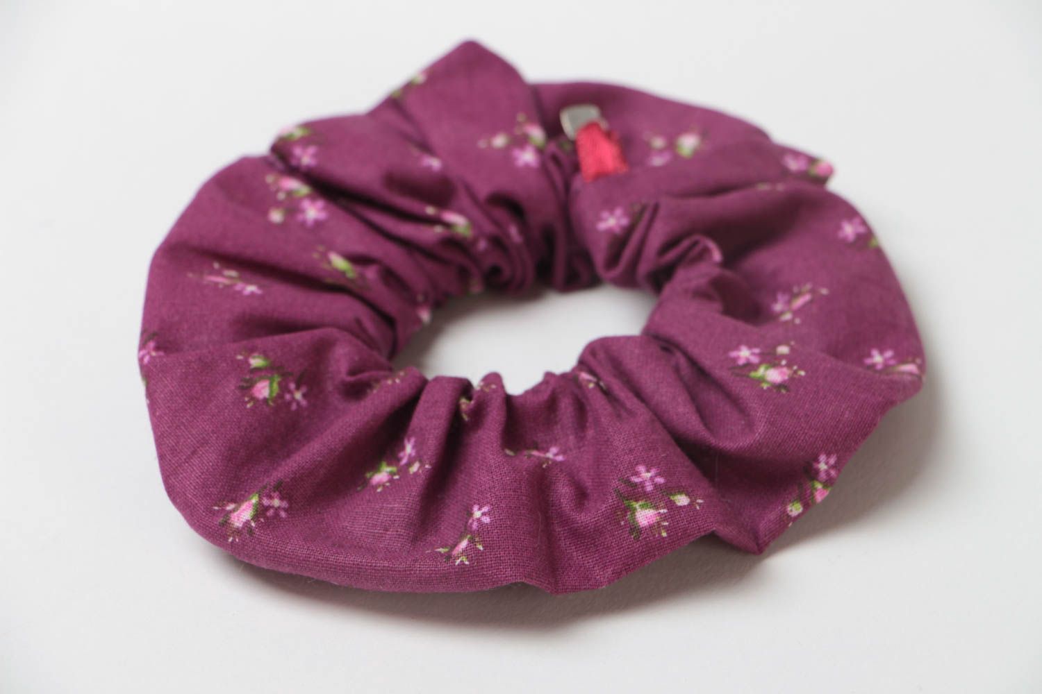 Beautiful handmade textile scrunchy of violet color with flower pattern photo 3