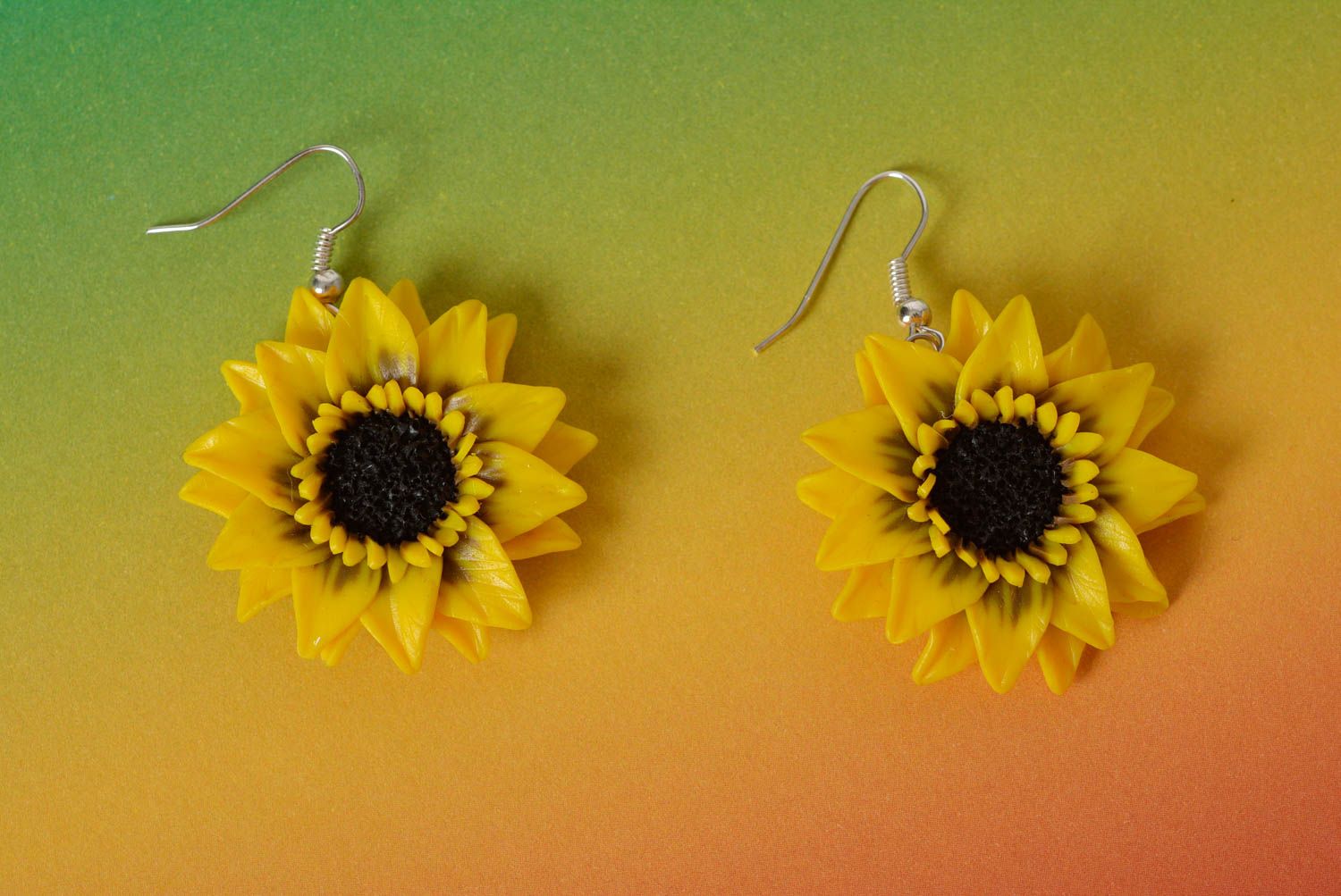 Beautiful yellow handmade designer polymer clay dangle earrings Sunflowers photo 1