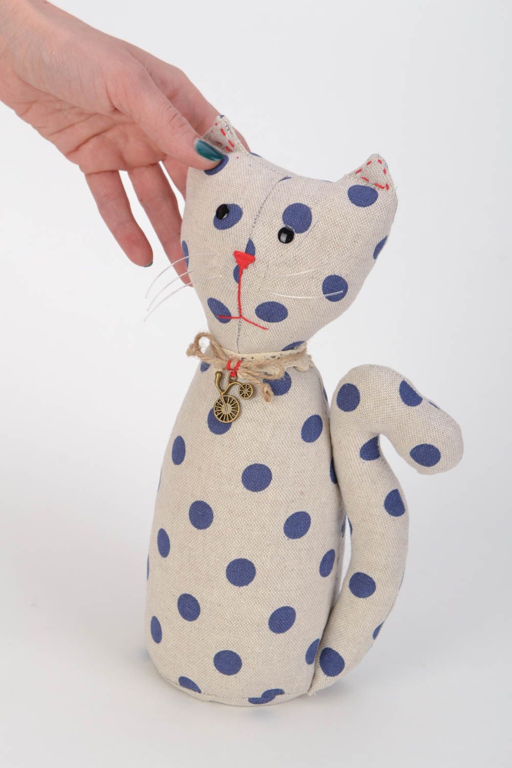 Handmade soft toy sewn of light blue polka dot fabric in the shape of cat photo 2