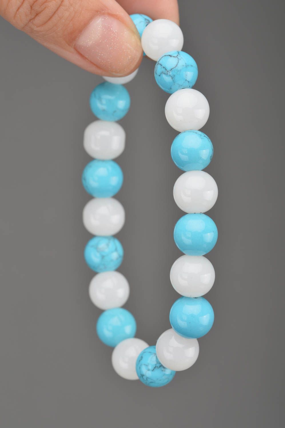 Beautiful gentle handmade thin stretch bracelet with white and blue beads  photo 2