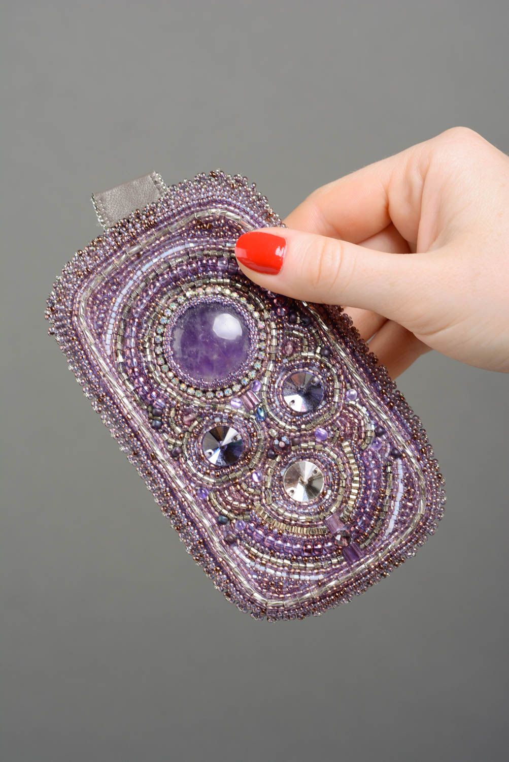 Handmade violet bead embroidered phone case with natural amethyst and rhinestones photo 4