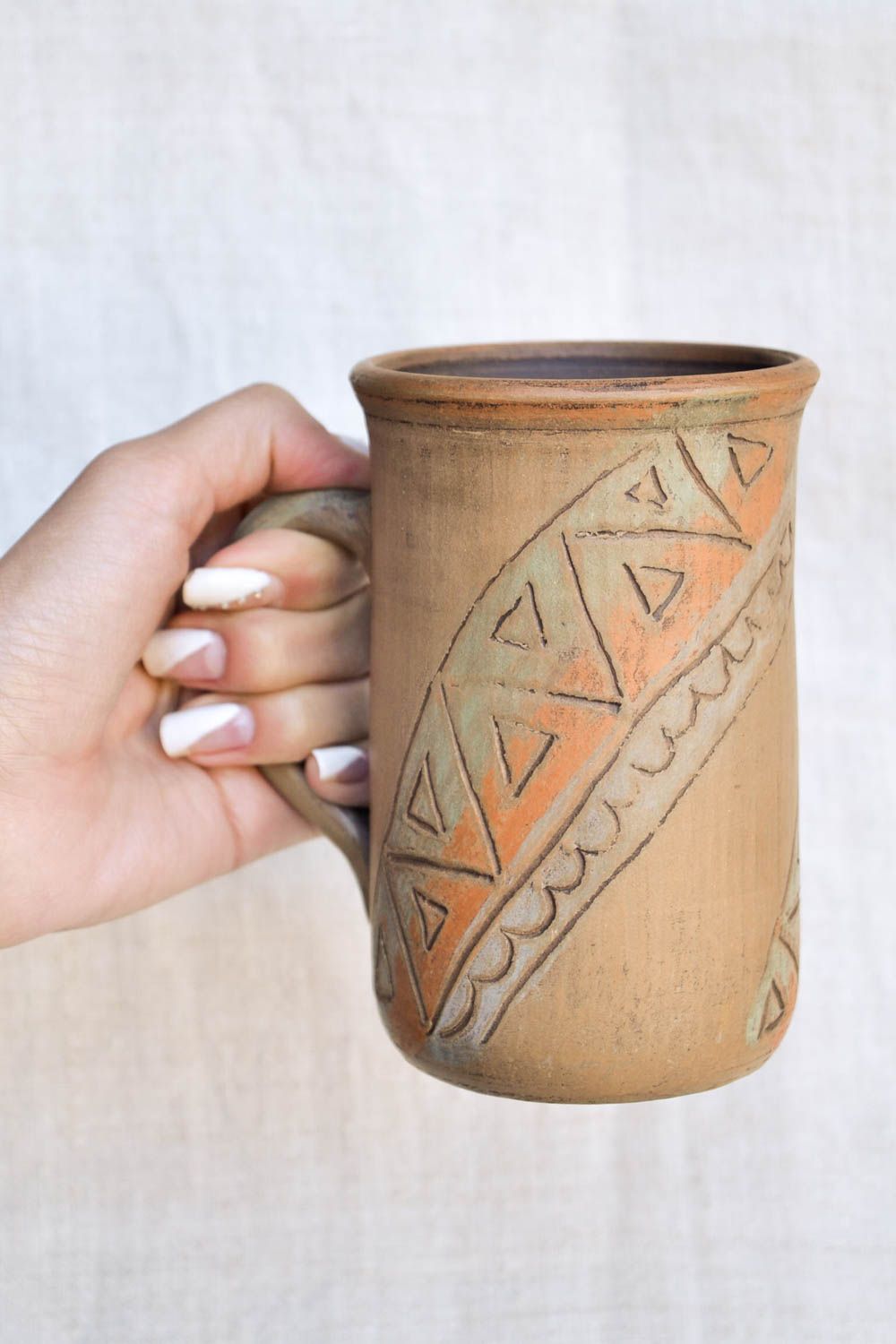 13 oz clay tall cup for tea in olive and brown color with handle  photo 2