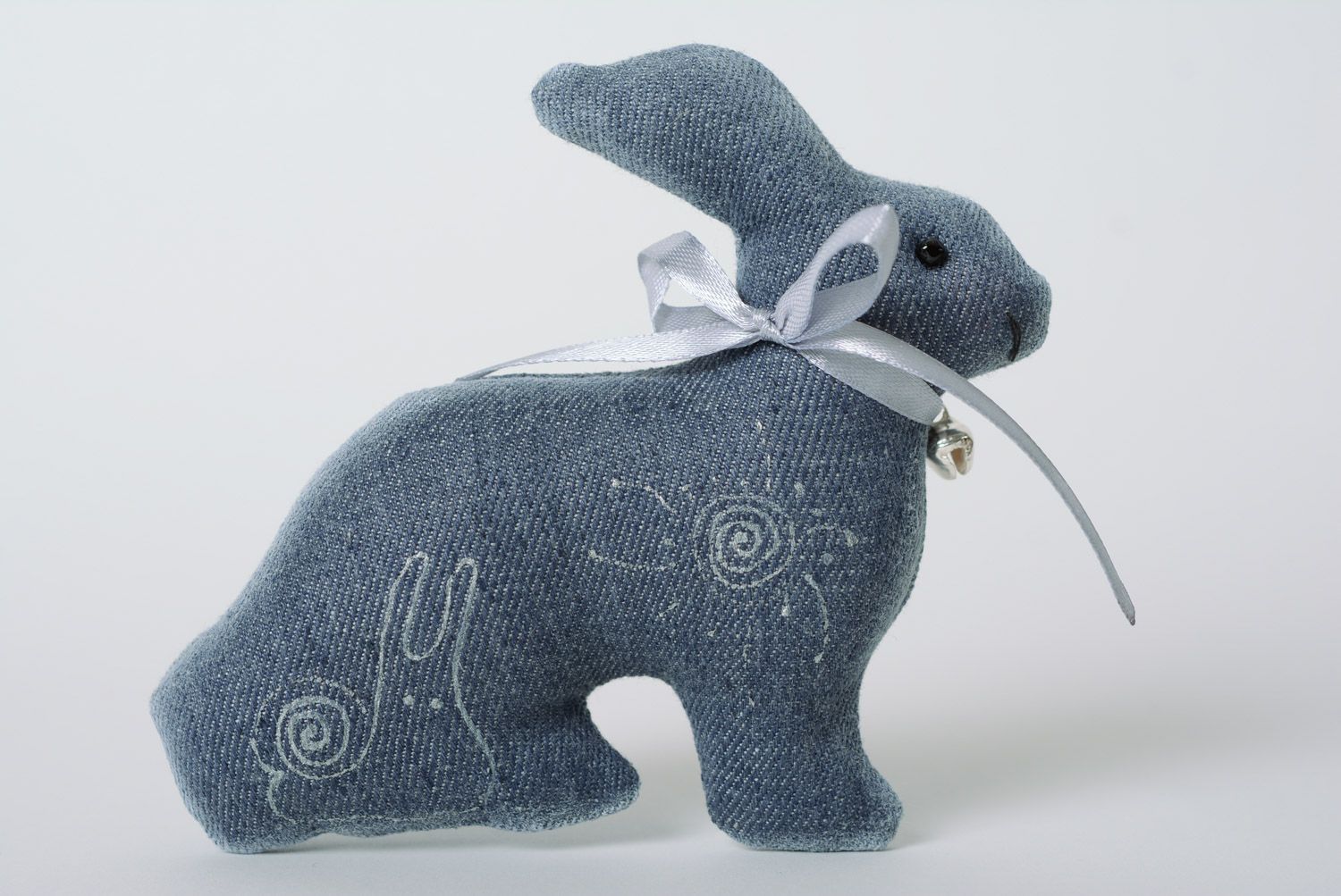 Handmade designer interior soft toy sewn of dark blue denim fabric Rabbit  photo 5