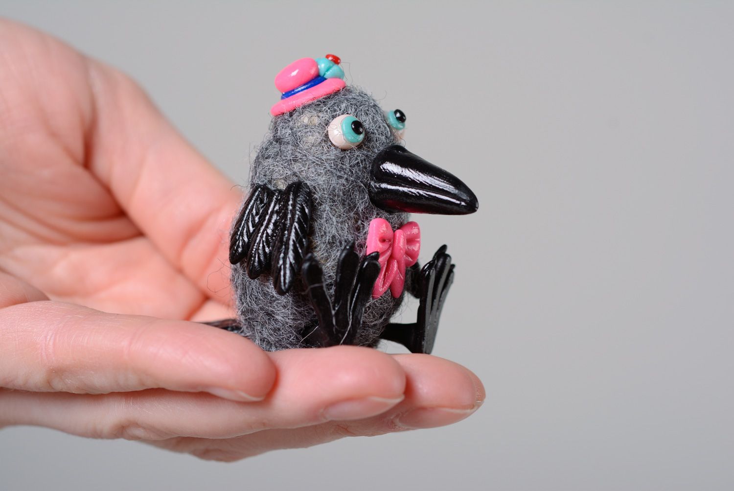 Miniature handmade wool felted figurine Crow photo 5