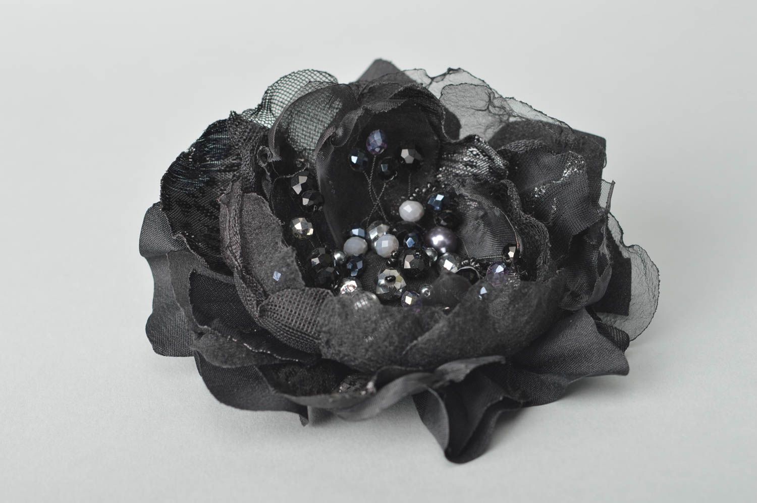 Broche Barrette fleur noire en soie faite main grande Cadeau pour femme photo 2