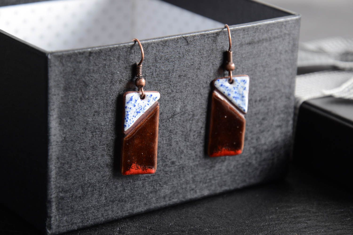 Copper handmade rectangular earrings decorated with hot enamel  photo 1
