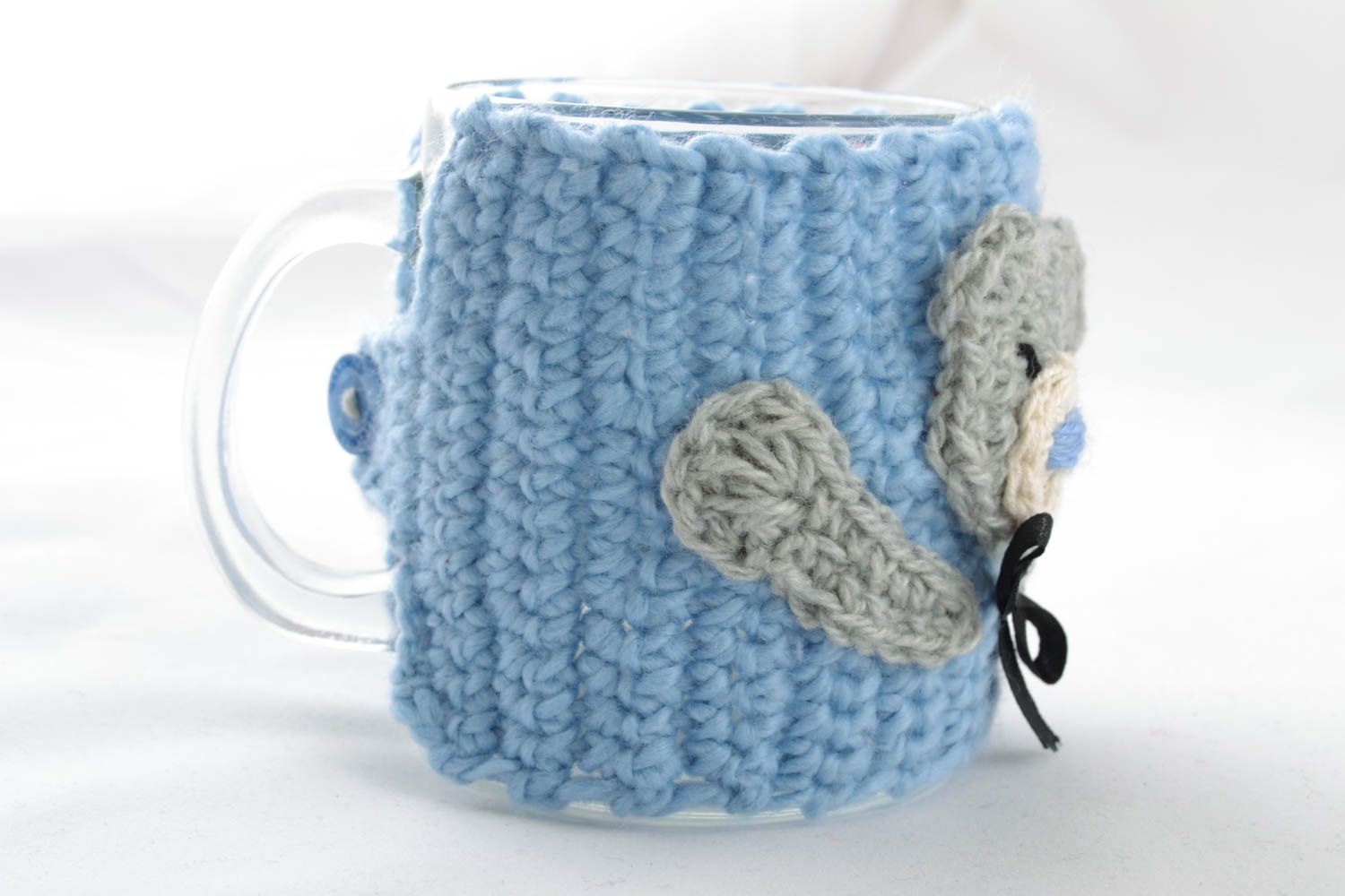 Glass cup with handle in knitter Teddy bear cover photo 1