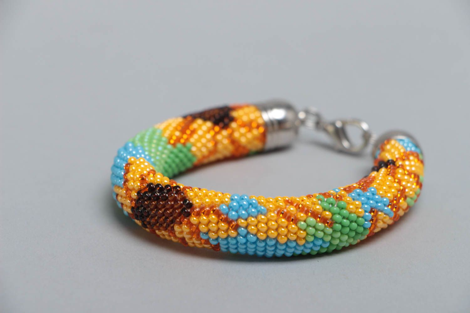 Handmade designer beaded cord wrist bracelet with bright sunflowers ornament photo 3