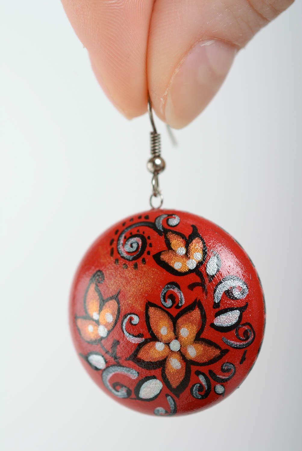 Unusual beautiful festive handmade designer painted wooden earrings of red color photo 5
