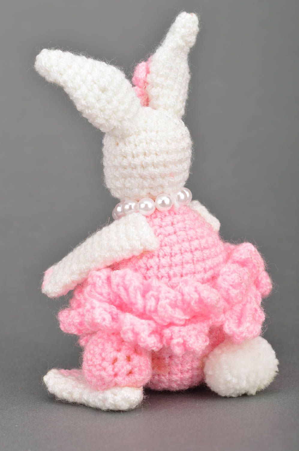 Handmade designer soft toy crocheted of acrylic threads Easter rabbit white pink photo 5