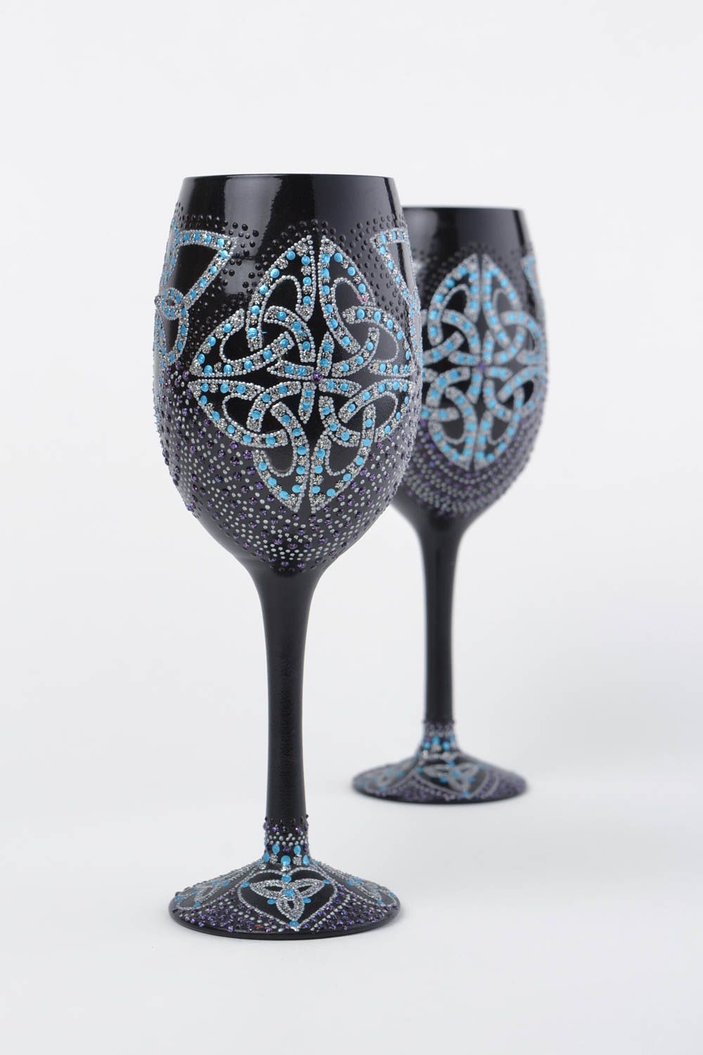 Black handmade designer wine glasses set with acrylic painting 2 pieces photo 3