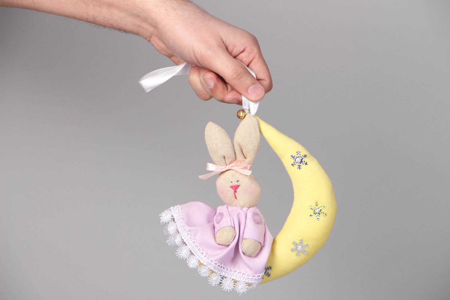 Handmade fabric soft toy interior pendant Bunny on the Half Moon photo 4