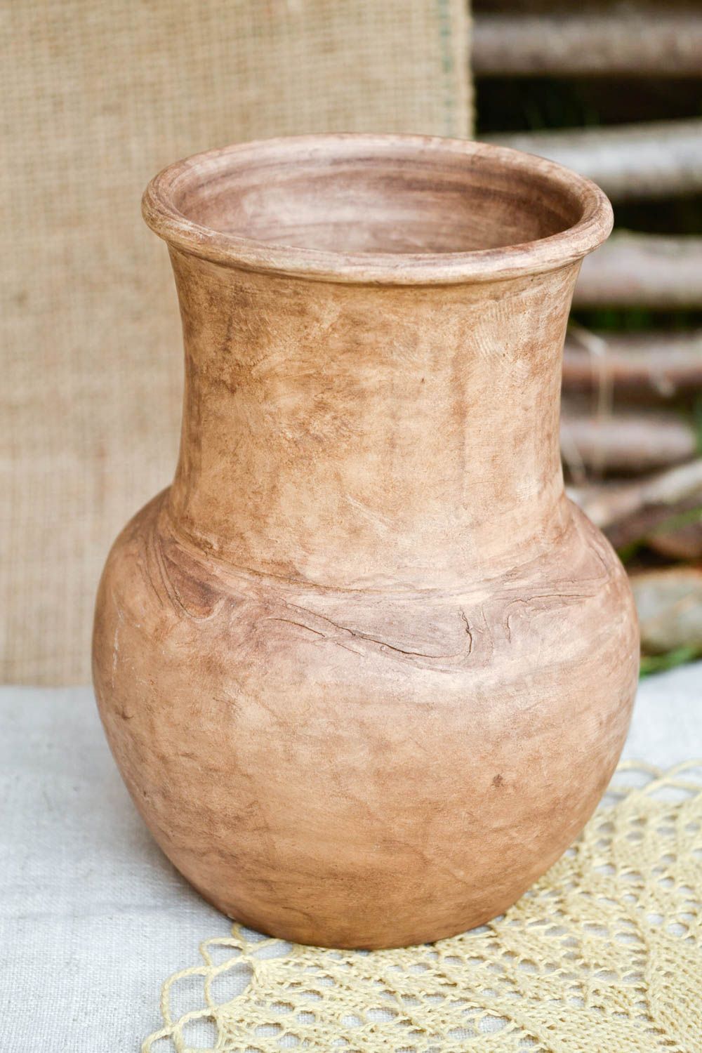 Handcrafted white lead-free clay jug for water or milk natural kitchen pottery 6,3 inches photo 1