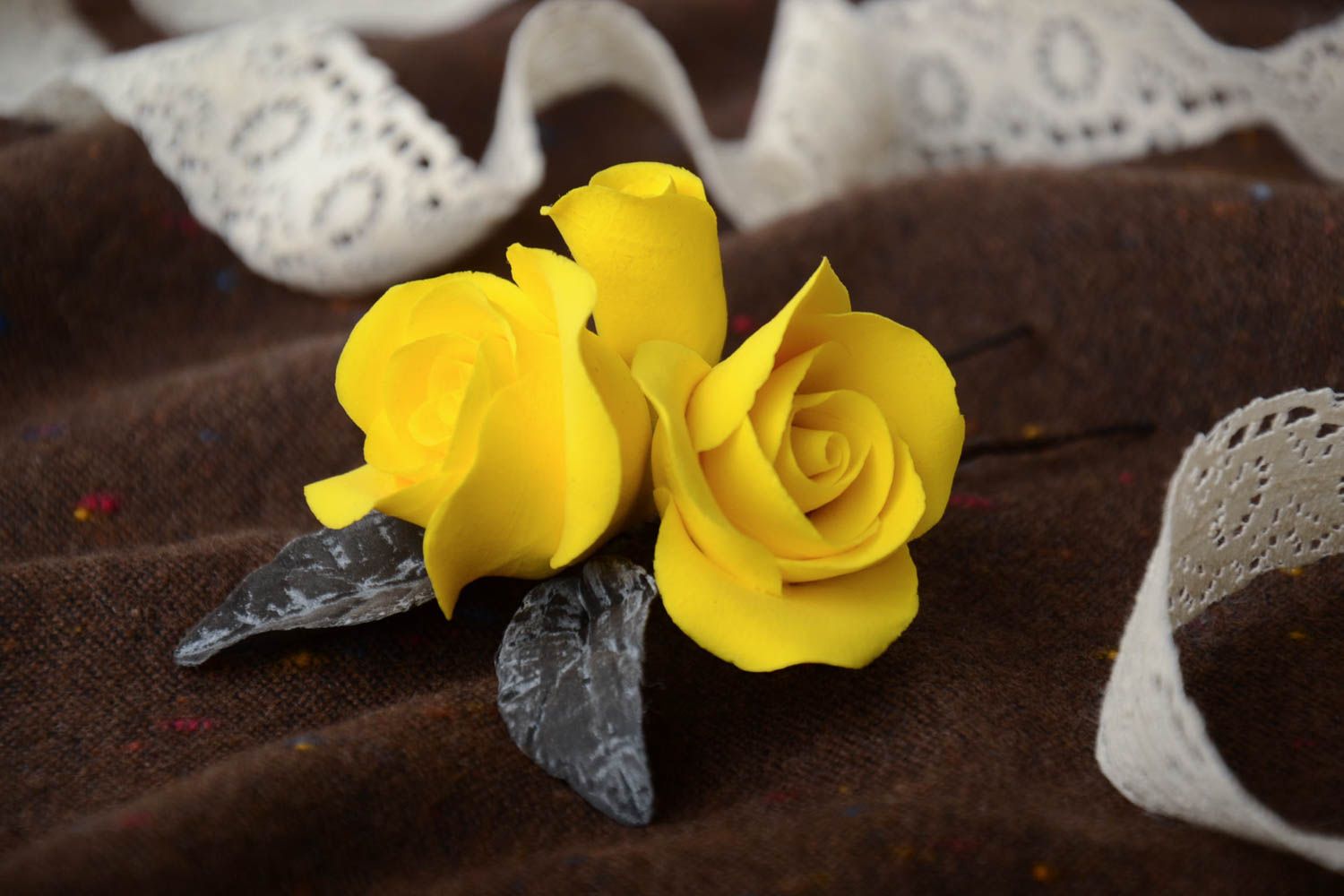 Handmade decorative metal hair pin with bright yellow self hardening clay flowers photo 1