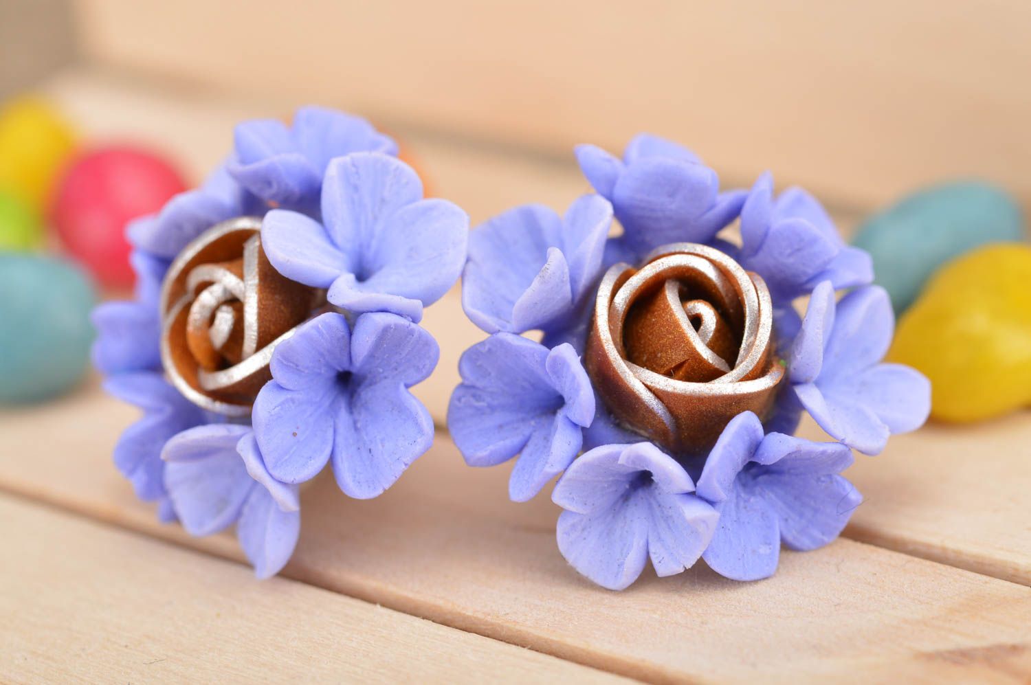 Blue beautiful handmade stud earrings made of polymer clay in shape of flowers photo 1