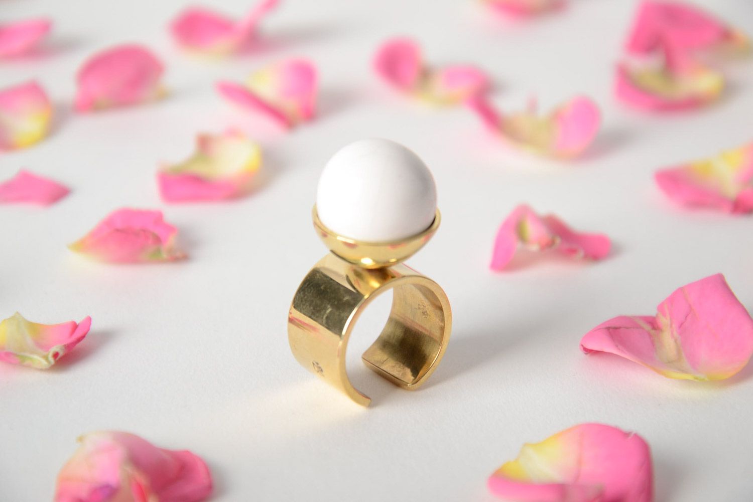Handmade volume metal seal ring with porcelain bead of white color for women photo 1