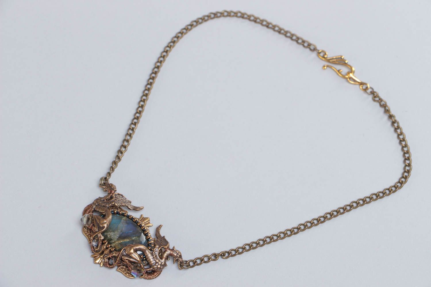 Handmade metal pendant necklace with labradorite stone on chain in elven style photo 2