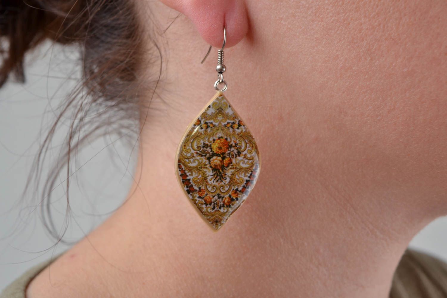 Beautiful handmade designer unusual plastic drop earrings with decoupage photo 2