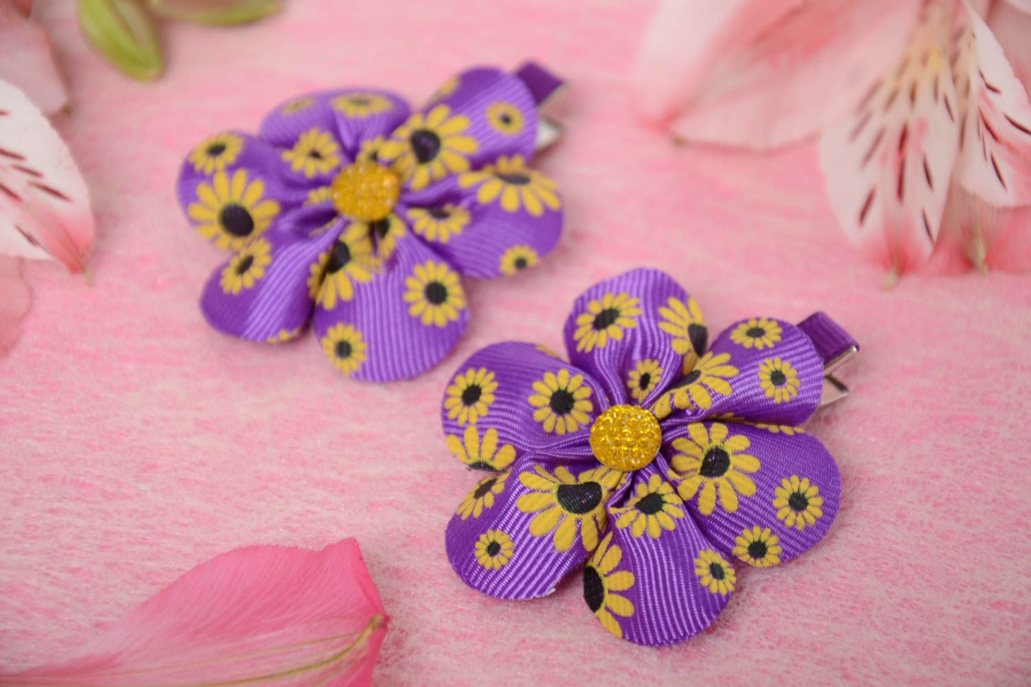 Barrettes à cheveux en rubans de reps violettes faites main 2 pièces avec fleurs photo 1