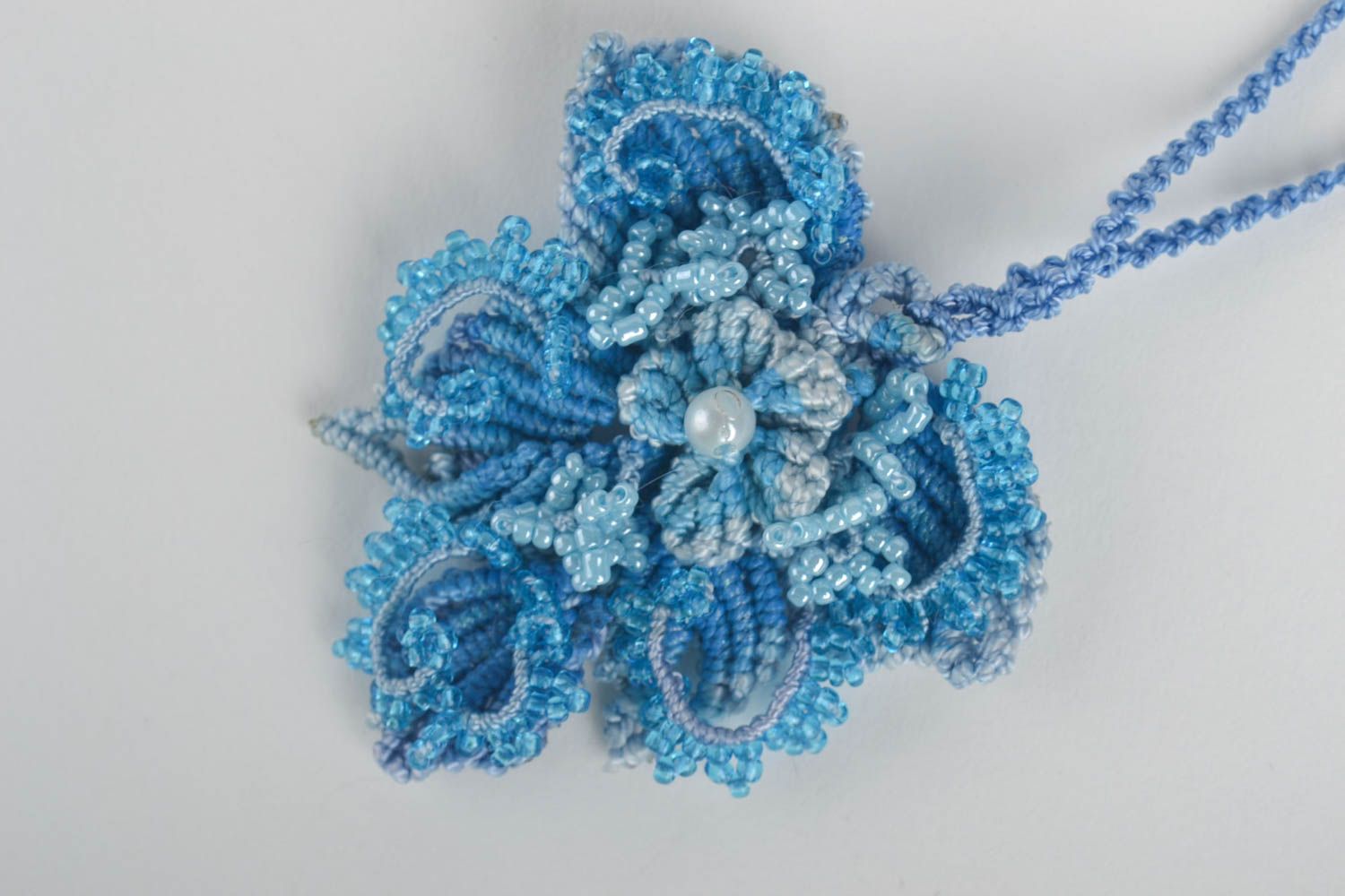 Textile flower pendant unusual handmade accessory stylish blue pendant photo 2