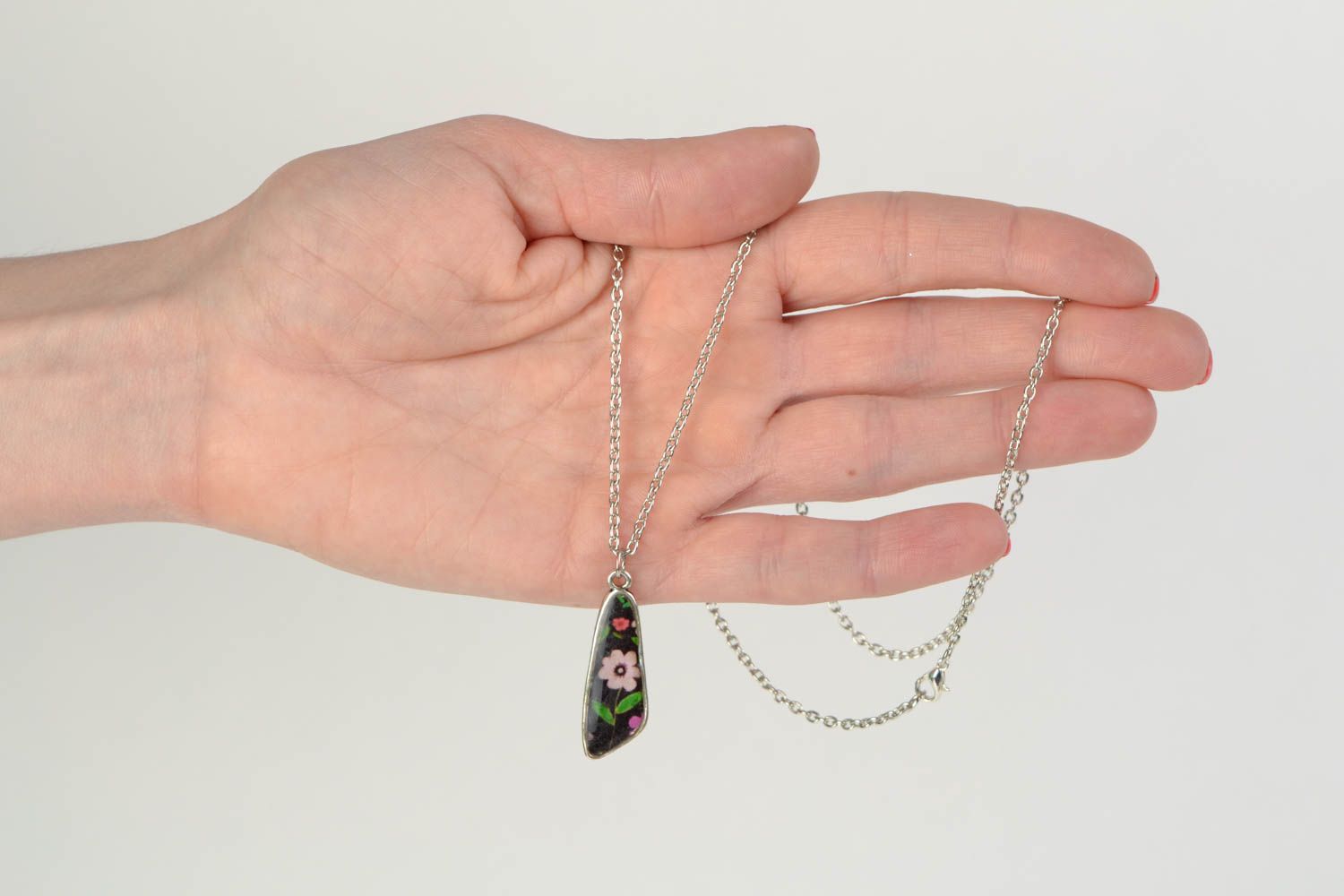 Handmade asymmetric pendant made of jewelry resin on long chain photo 2