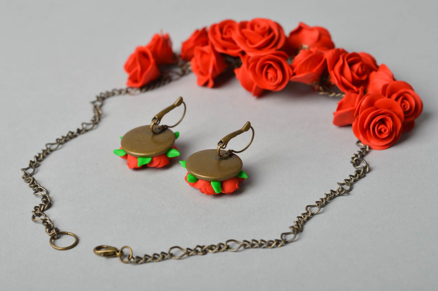 Handmade jewelry set polymer clay dangling earrings chain necklace gifts for her photo 2