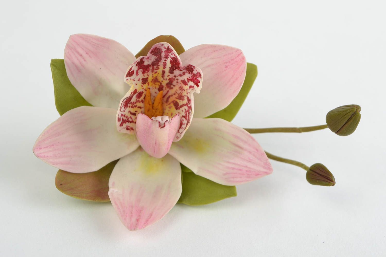 Заколка-брошь из холодного фарфора ручной работы красивая Орхидея женская фото 1