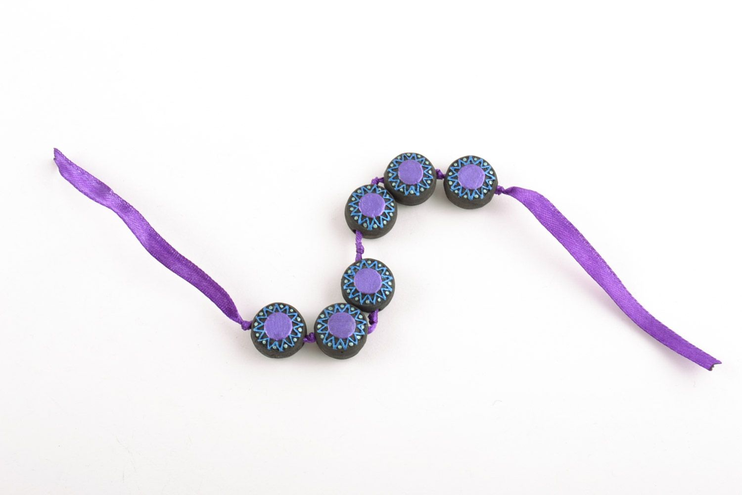 Black and violet handmade clay bracelet with flat beads and ribbon photo 5