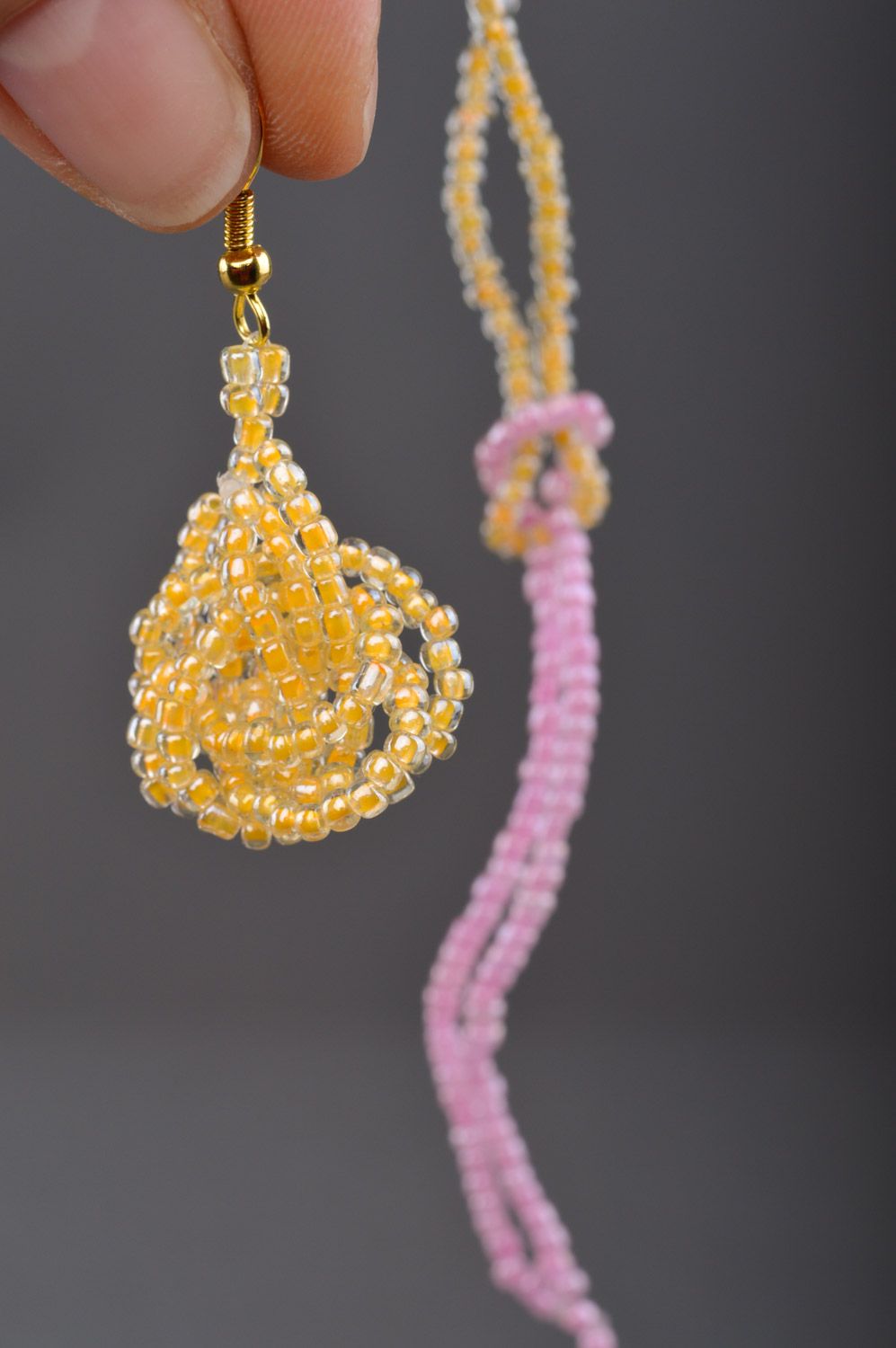 Handmade beaded jewelry set in tender colors dangle earrings and wrist bracelet photo 3