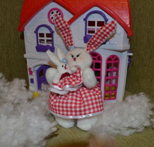 Soft toy hare with baby hand made of artificial fur for children photo 1