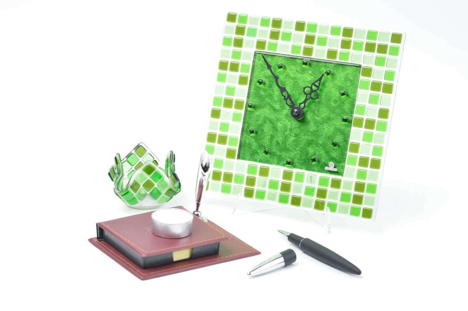 Bougeoir design Horloge murale fait main en verre Cadeau original tons verts photo 1