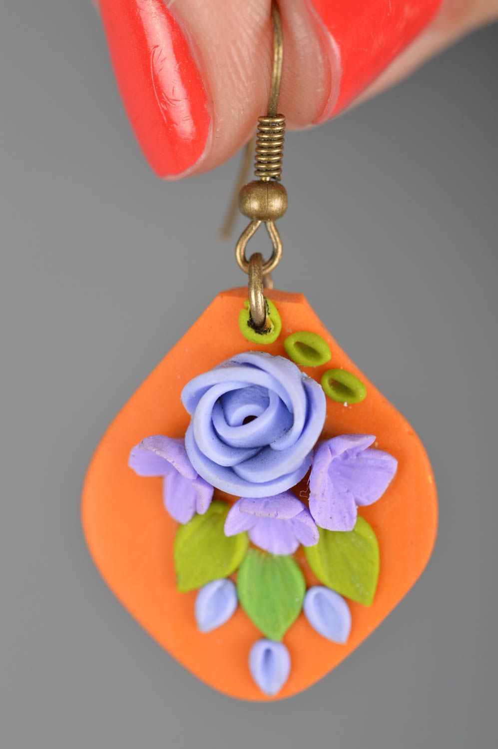Polymer clay handmade designer earrings with vivid blue flowers summer jewelry photo 5