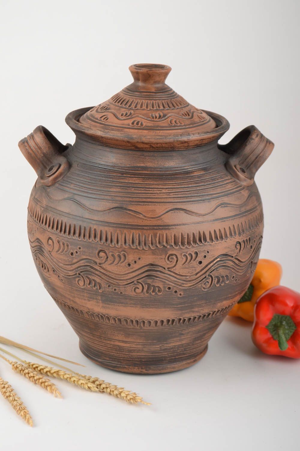 Large handmade clay pan with patterns 5 l ceramic pot with lid photo 1