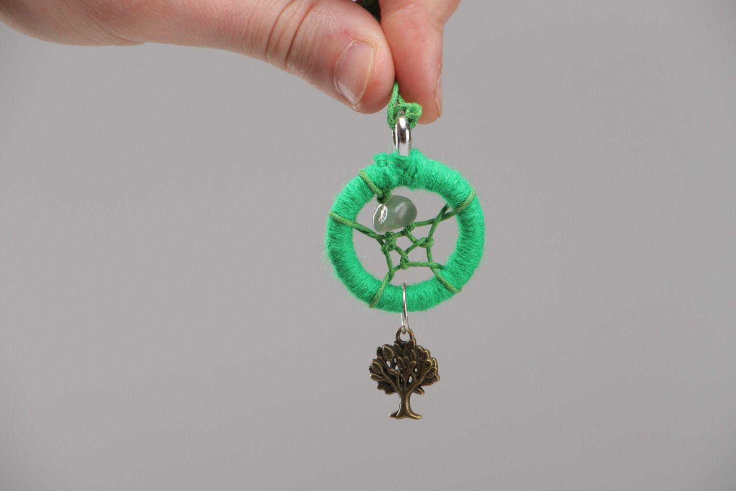 Bright green handmade dreamcatcher pendant necklace with gem jade on cord photo 4