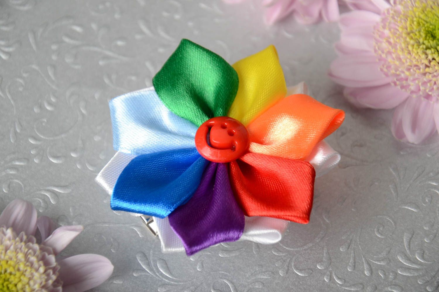 Homemade hair clip with satin ribbon kanzashi flower of rainbow coloring photo 1