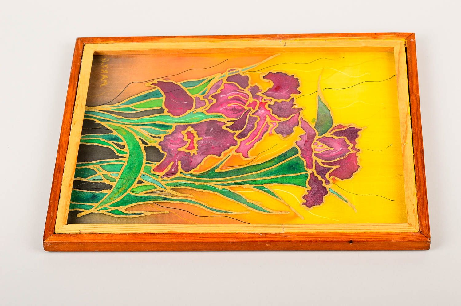 Картина из ткани ручной работы батик картина дизайн стен яркий красивый ирисы фото 4
