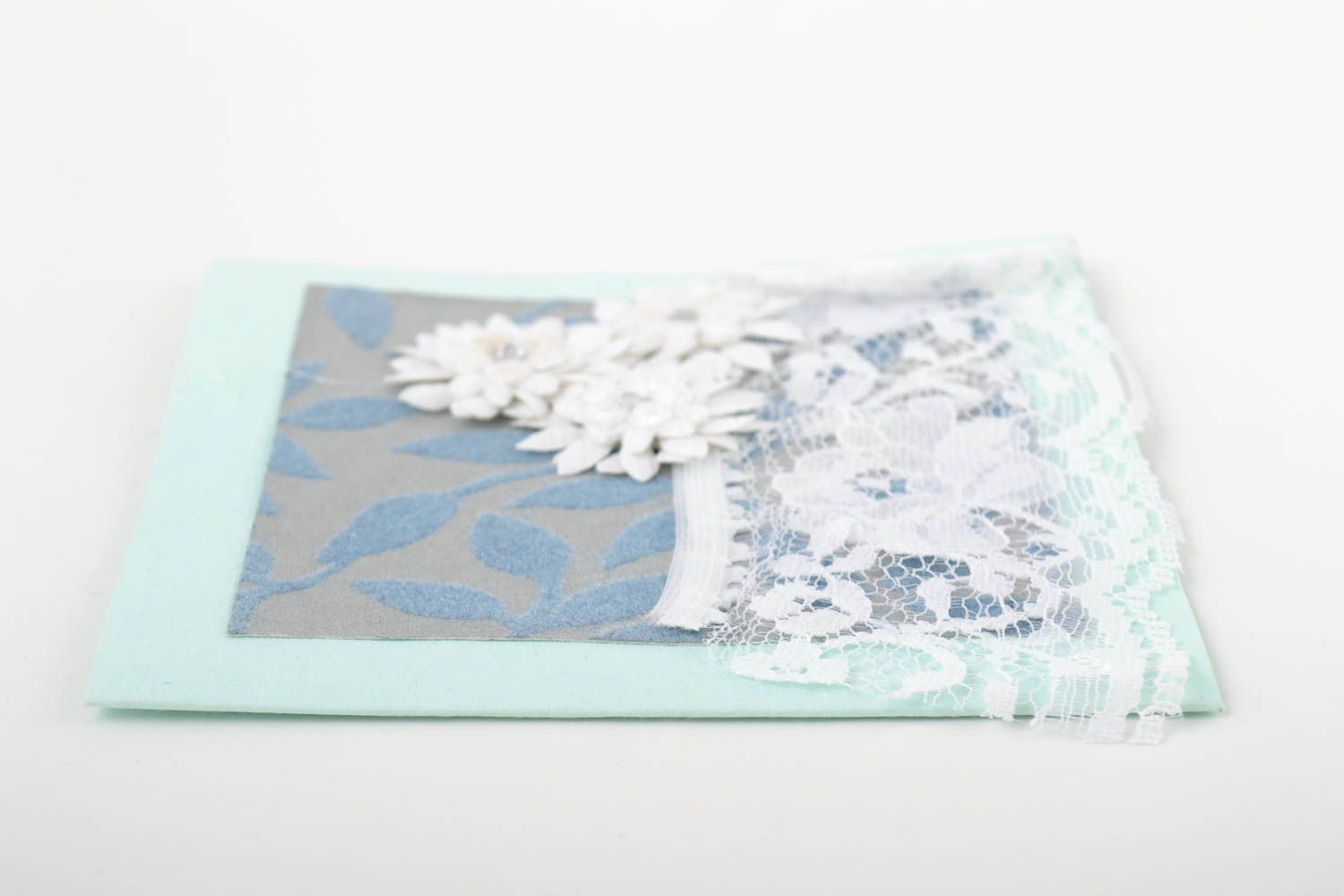 Carte de voeux faite main bleu clair avec fleurs Petit cadeau original photo 3