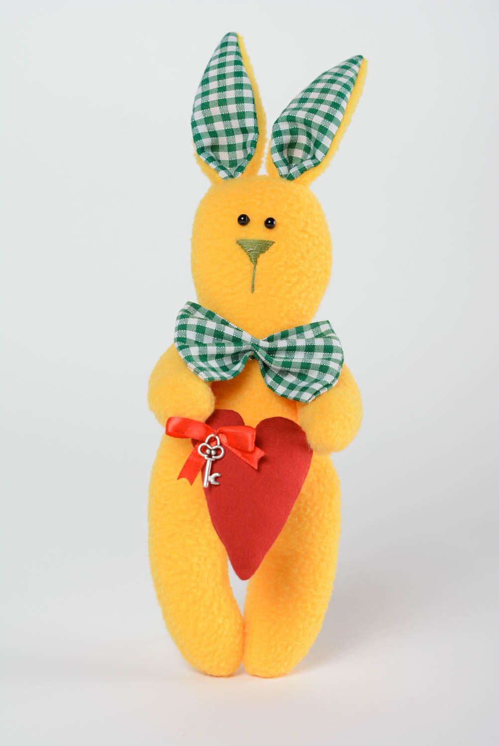 Handmade cotton and fleece fabric soft toy yellow rabbit with green checkered bow photo 1