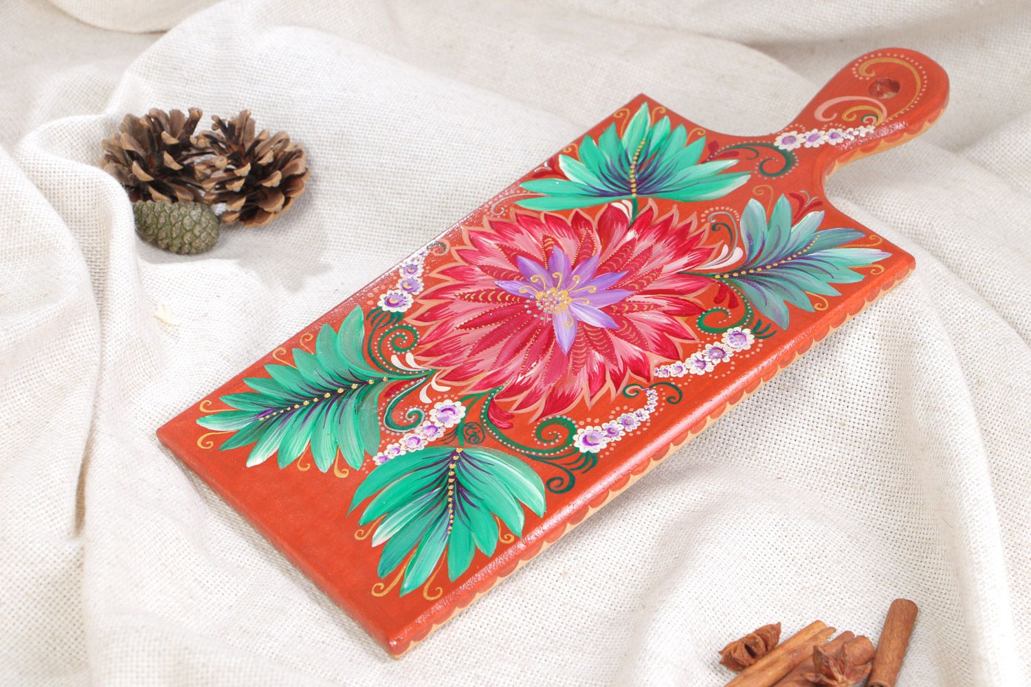 Handmade bright decorative wooden kitchen cutting board painted with flowers  photo 1