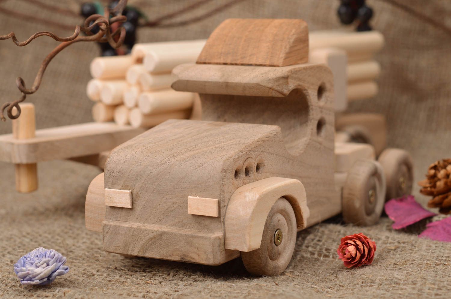 Eco friendly children's handmade wooden toy car with trailer for boys  photo 1