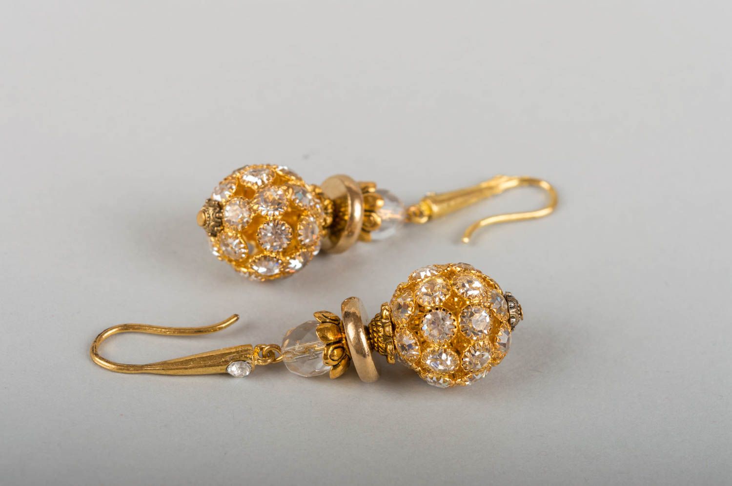 Elegant festive handmade designer long brass earrings with crystal beads photo 5