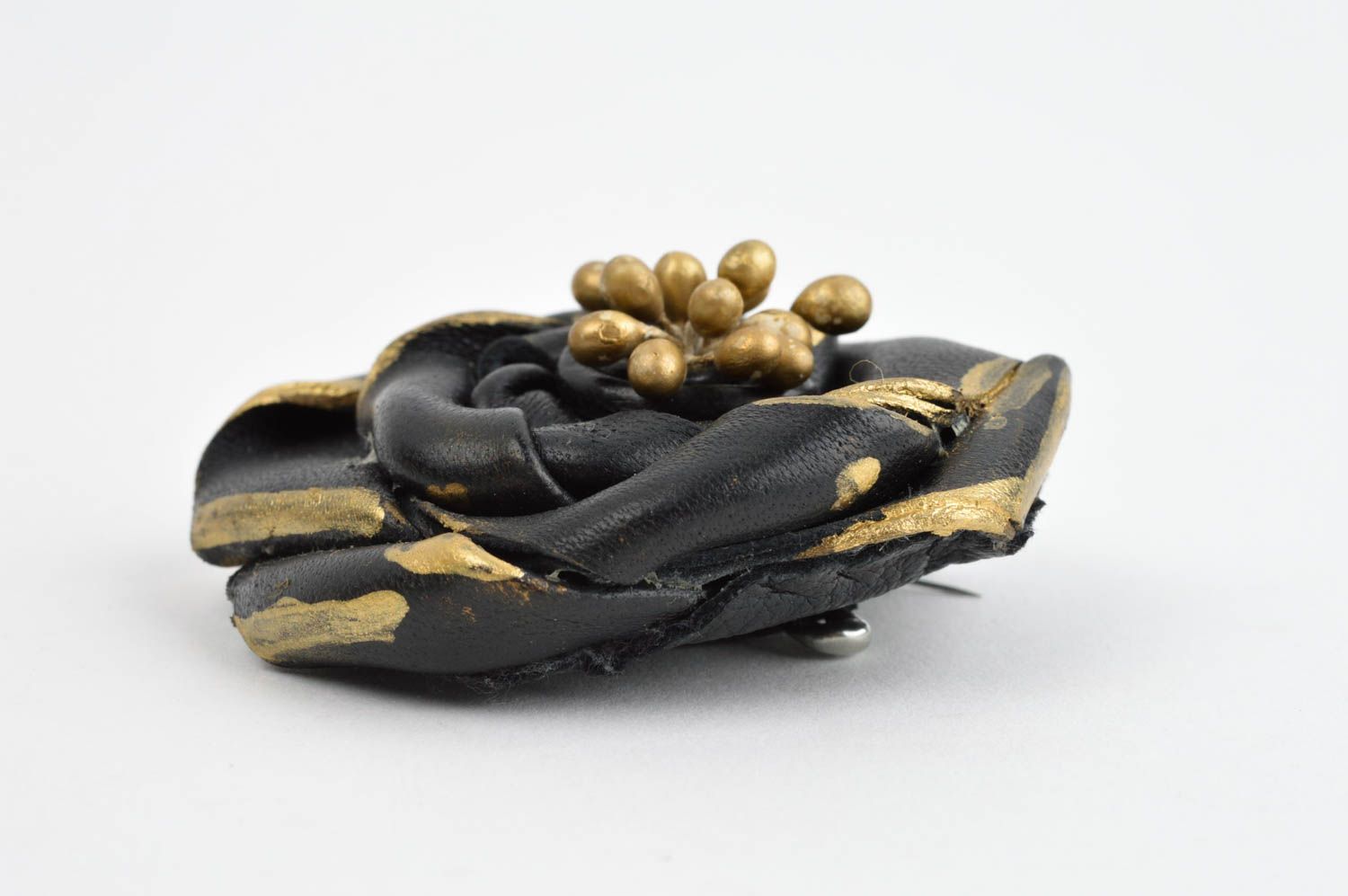 Handmade leather brooch unusual bijouterie beautiful black and gold brooch photo 2